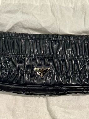 Prada Black Ruched Leather Clutch with Gold Triangle Plaque